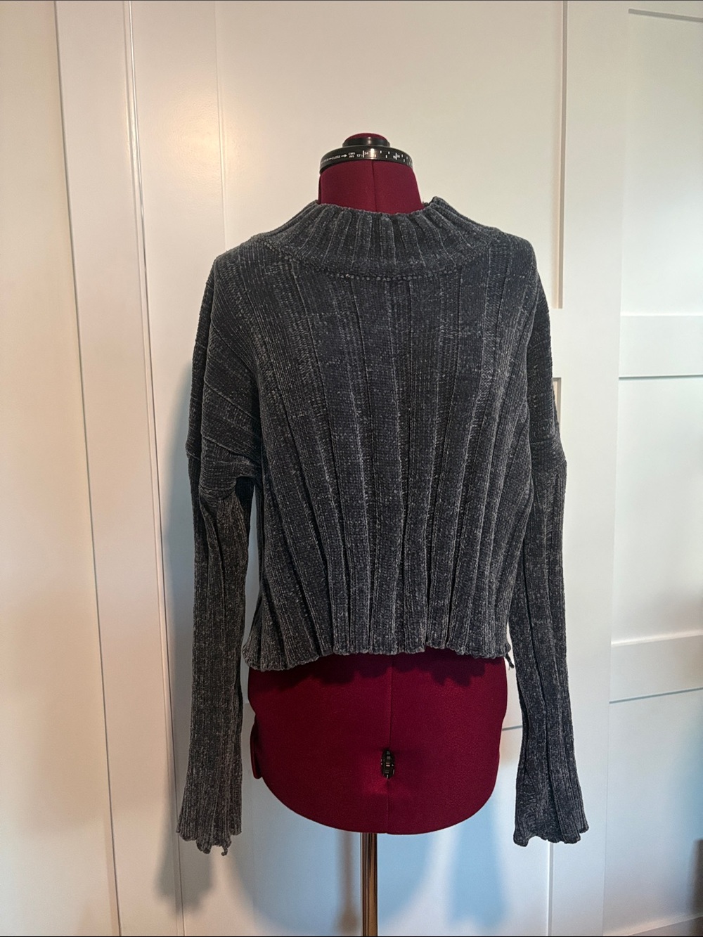 Anthropologie Navy Charcoal Ribbed Chenille Cowl-Neck Sweater